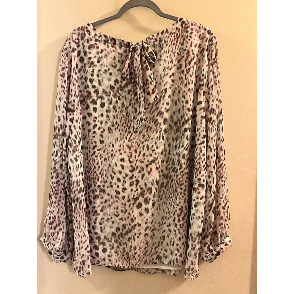 Talbots Blouse Women's Size 3X Snow‎ Leopard Popover Round Tie Neck Pullover Top